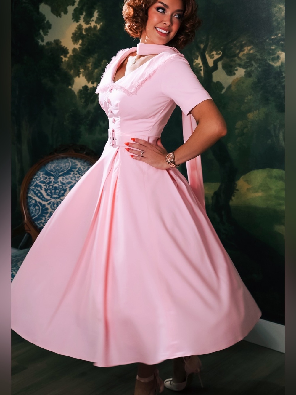 Duchess Kate Vintage-Inspired Pink Swing Flare Collared Dress